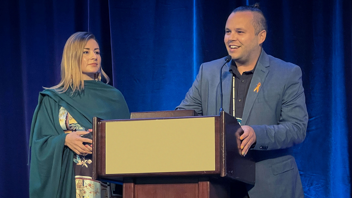 Pictured are Amy Lamb and Dr. Jaris Swidrovich. Photo courtesy of the Canadian Pharmacists Association
