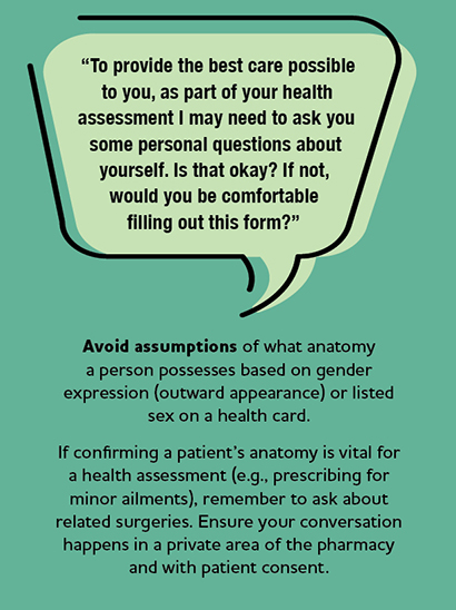 Avoid assumptions of what anatomy a person possesses based on gender expression (outward appearance) or listed sex on a health card
