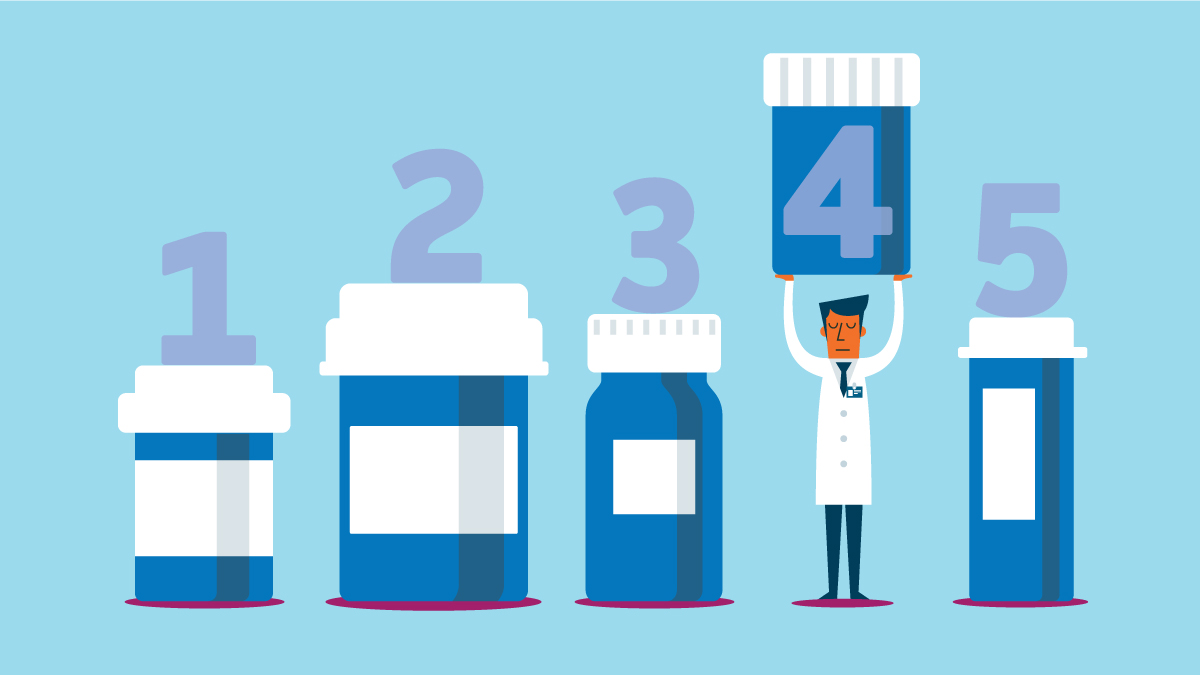 illustration of 5 bottles with pharmacist holding up bottle 4