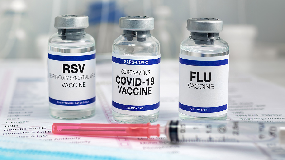 Bottles of vaccine for Influenza Virus, Respiratory Syncytial virus and Covid-19 for vaccination