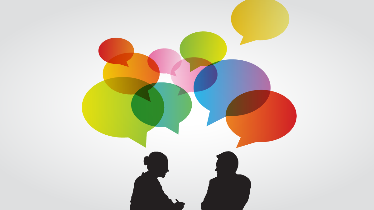 illustration of people talking with thought bubbles above their heads