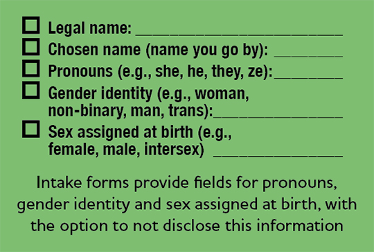 Intake forms provide fields for pronouns, gender identity and sex assigned at birth, with the option to not disclose this information