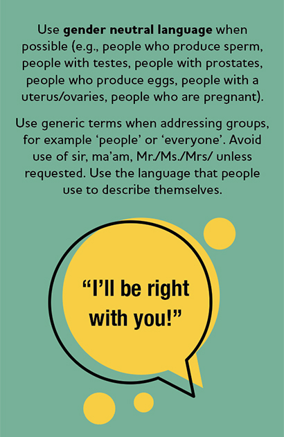 Use gender neutral language when possible (e.g., people who produce sperm, people with testes, people with prostates, people who produce eggs, people with a uterus/ovaries, people who are pregnant)