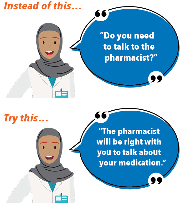 Instead of this… “Do you need to talk to the pharmacist? Try this…The pharmacist will be right with you to talk about your medication.”