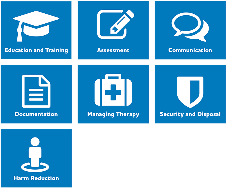 Education and Training, Assessment, Communication, Managing Therapy, 
Security and Disposal, Documentation, Harm Reduction
