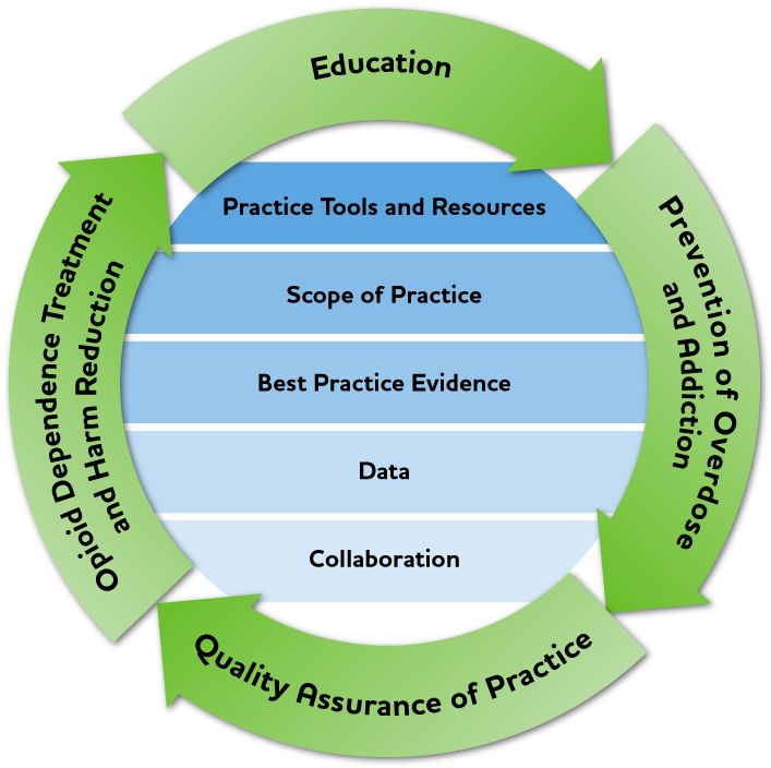 opioid strategy graphic
circular arrows stating opioid dependence treatment and harm reduction, education, prevention of overdose and addiction and quality assurance of practice.
Inside the circle are five items listed: practice tools and resources, scope of practice, best practice evidence, data, collaboration.